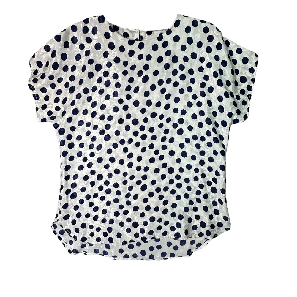 Eva Laurel Polka Dot Floral Jacquard Blouse Vintage Retro Mod Medium White Navy